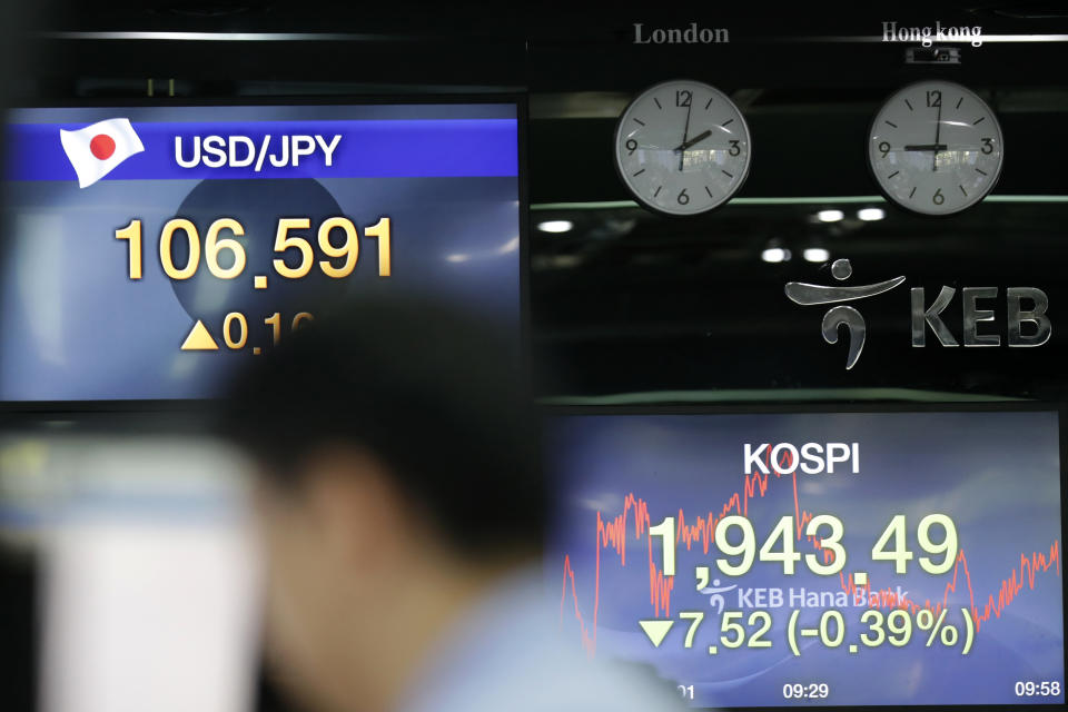 Screens showing the Korea Composite Stock Price Index (KOSPI) and the foreign exchange rates are seen at the foreign exchange dealing room in Seoul, South Korea, Friday, Aug. 23, 2019. Asian stock markets were mixed on Friday after Wall Street declined ahead of a closely watched speech by the U.S. Federal Reserve chairman. (AP Photo/Lee Jin-man)