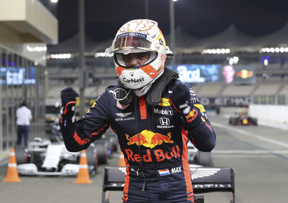 FILE - In this Saturday, Dec. 11, 2020 file photo, Red Bull driver Max Verstappen of the Netherlands reacts after qualifying at the Formula One Abu Dhabi Grand Prix in Abu Dhabi, United Arab Emirates. The season starts Sunday March 28, 2021 with the Bahrain Grand Prix and ends in December 2021 at Abu Dhabi. Red Bull star Max Verstappen won last year’s final race in Abu Dhabi in style and looked hugely confident in testing. (AP Photo/Kamran Jebreili, Pool, File)
