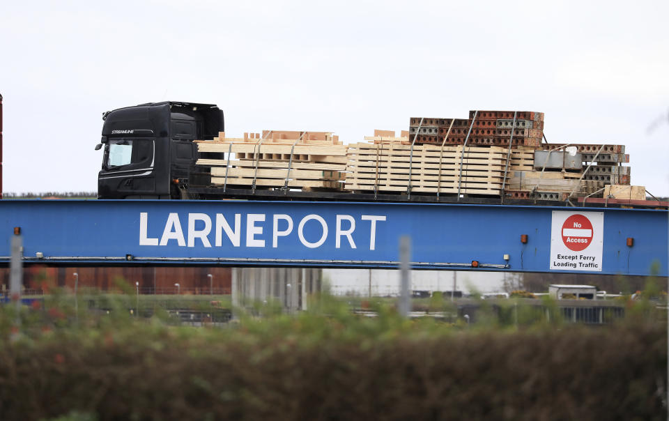 Freight lorries board the P&O ferry from Larne to Cairnryan at Larne Port, Northern Ireland, Monday, Feb. 27, 2023. The U.K. and the European Union were poised Monday to end years of wrangling and seal a deal to resolve their thorny post-Brexit trade dispute over Northern Ireland. (AP Photo/Peter Morrison)