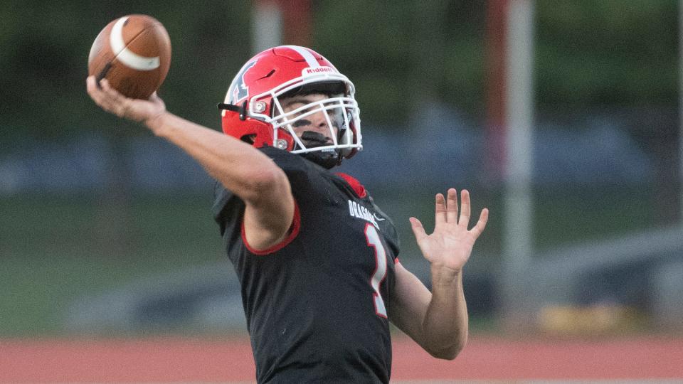 Kingsway's Nate Maiers throws a pass during the football game between Delsea and Kingsway played at Kingsway Regional High School in Woolwich Township on Friday, September 23, 2022.  