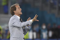 Italy's manager Roberto Mancini gives instructions from the side line during the Euro 2020 soccer championship group A match between Italy and Turkey at the Olympic stadium in Rome, Friday, June 11, 2021. (Alberto Lingria/Pool Photo via AP)