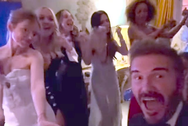 <p>Victoria Beckham/Instagram</p> David filmed the Spice Girls performing "Stop" onstage at Victoria's 50th birthday party