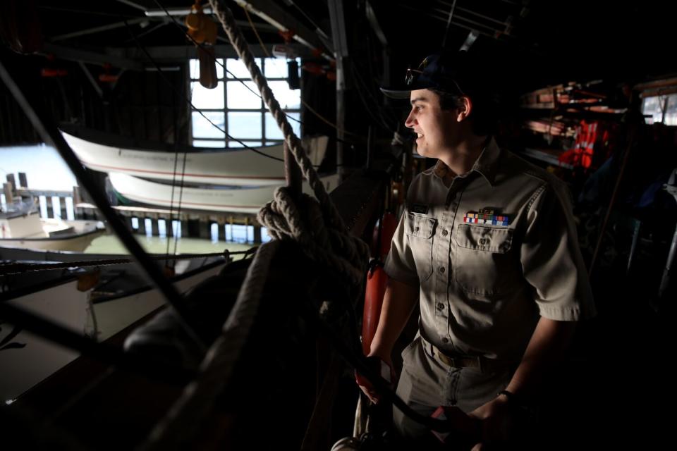 Cadet Sophie Scopazzi, a senior majoring in marine transportation at the Maritime Academy, in the boat house