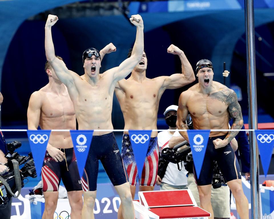 Ryan Murphy, Zach Apple, Caeleb Dressel and Michael Andrew, Gold