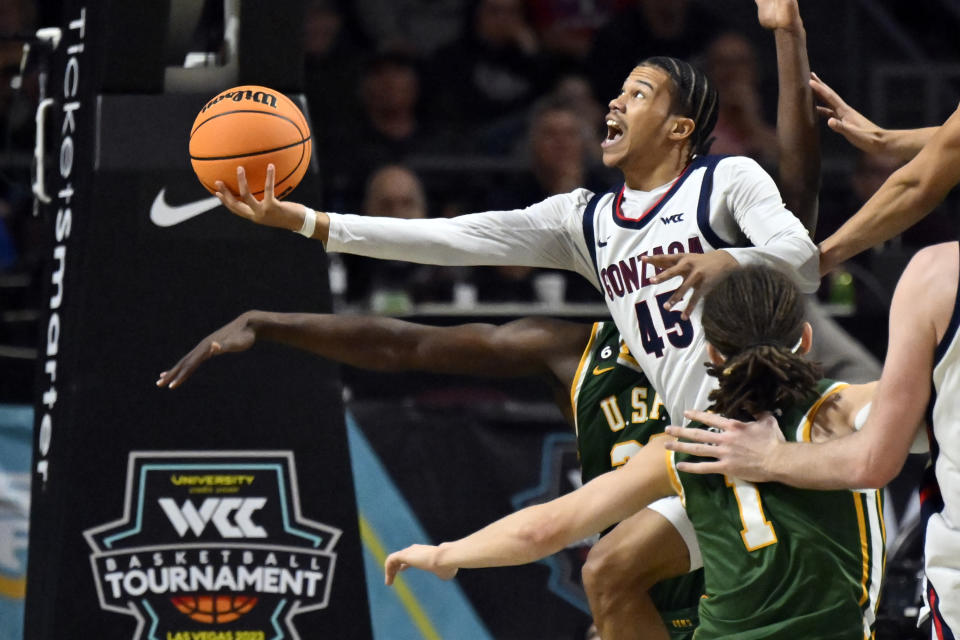 Gonzaga guard Rasir Bolton (45) shoots against San Francisco during the first half of an NCAA college basketball game in the semifinals of the West Coast Conference men's tournament Monday, March 6, 2023, in Las Vegas. (AP Photo/David Becker)