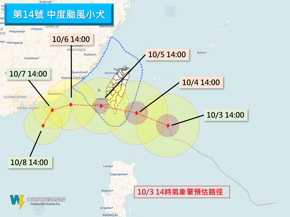 氣象局已於今日發布小犬颱風陸上警報，預計明後日（10月4日、10月5日）最接近台灣。
