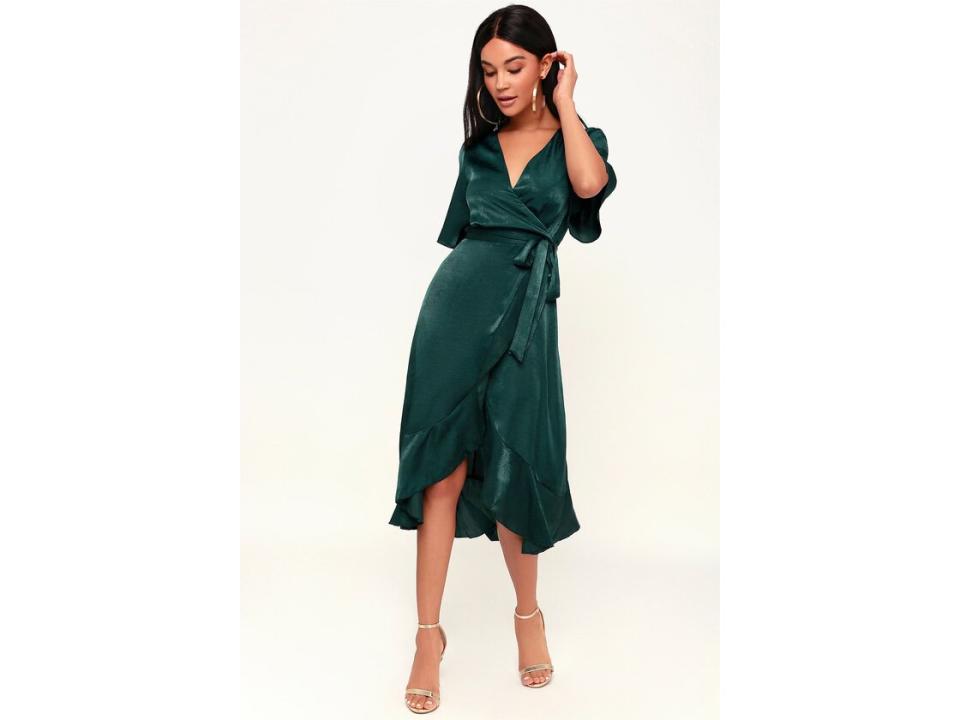 Lulus Wrapped Up In Love Satin Wrap Midi Dress
