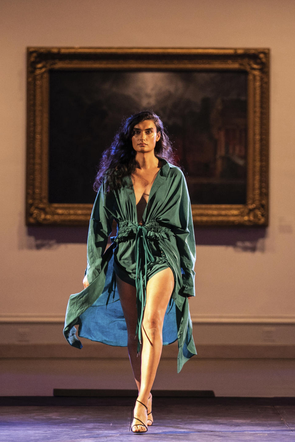 The HALZ collection is modeled during the dapperQ fashion show at the Brooklyn Museum on Thursday Sept. 5, 2019, in New York. (AP Photo/Jeenah Moon)