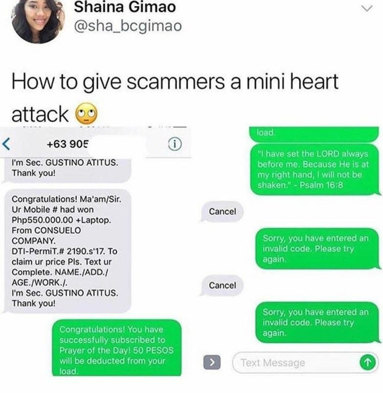 person texts a scammer with their own scam and the scammers tries to cancel