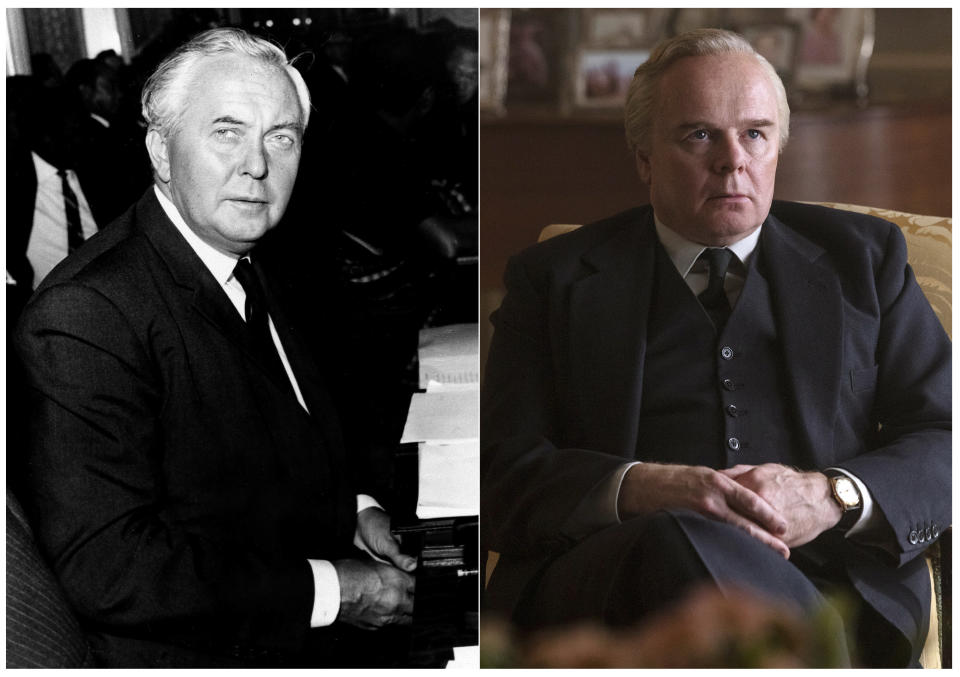 This combination of photos shows British Prime Minister Harold Wilson during opening session of the Commonwealth Prime Ministers Conference at Marlborough House in London on Sept. 6, 1966, left, and actor Jason Watkins portraying Wilson in a scene from "The Crown." The popular series based on the British royal family debuts Sunday on Netflix. (Netflix, left, and AP Photo)