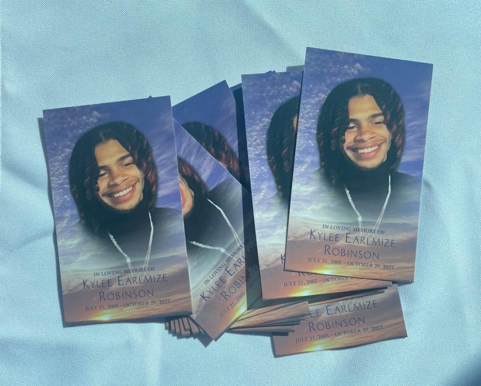 Memorial cards at Kylee Robinson's funeral Nov. 4, 2023.