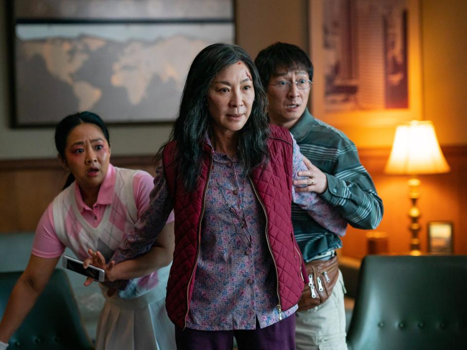 Stephanie Hsu, Michelle Yeoh, and Ke Huy Quan in "Everything Everywhere All at Once."