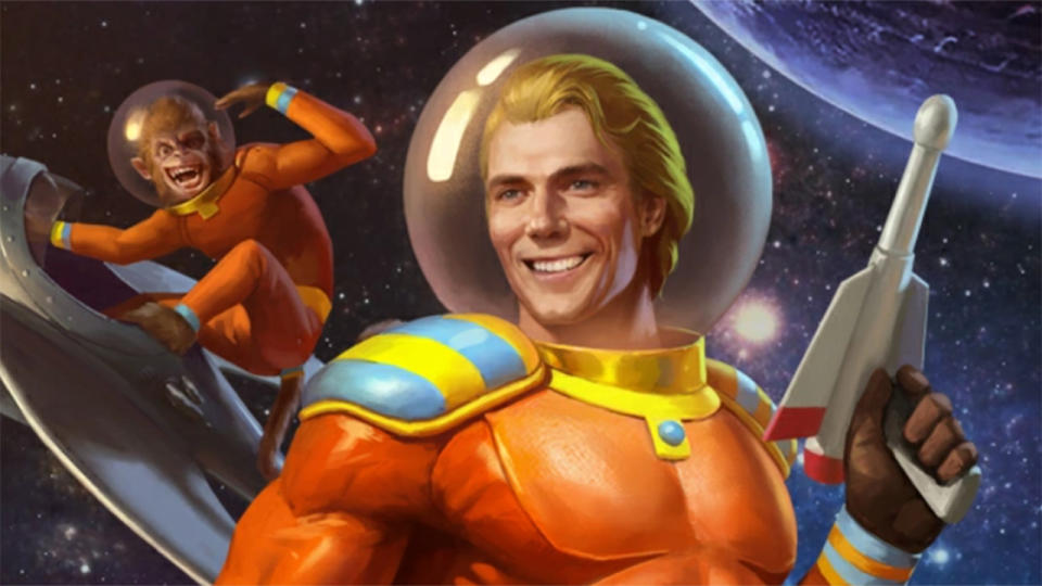 An image of Captain Cosmos in space, with Jangles the Moon Monkey behind him.