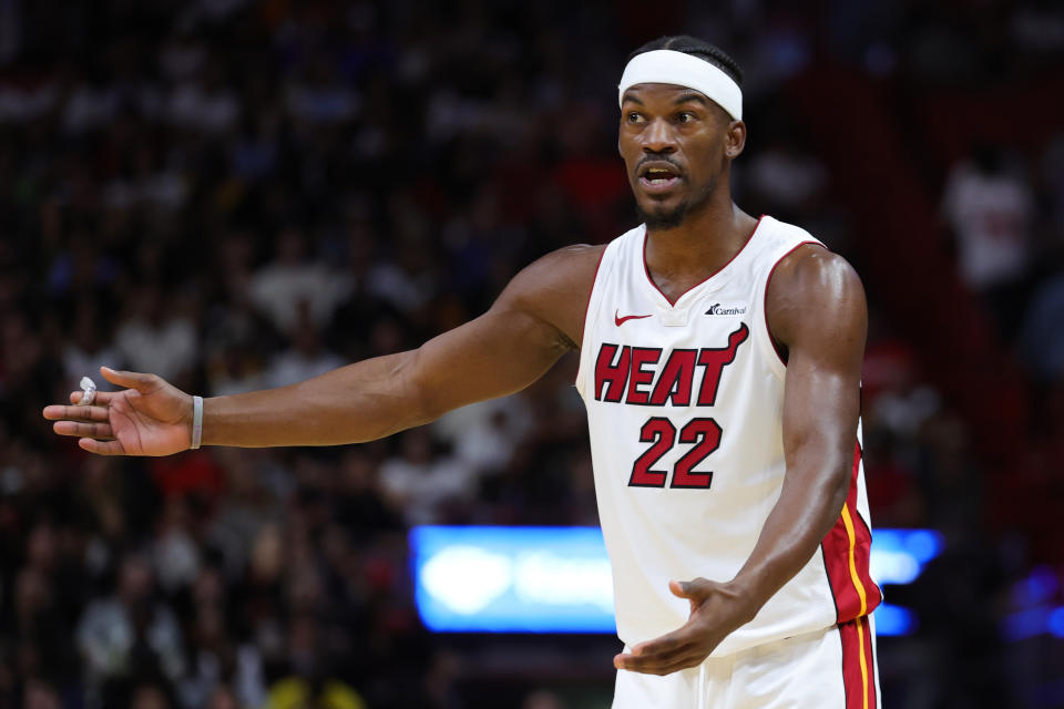 MIAMI, FLORIDA - DECEMBER 02: Jimmy Butler #22 of the Miami Heat reacts during the second quarter of the game against the Indiana Pacers at Kaseya Center on December 02, 2023 in Miami, Florida. NOTE TO USER: User expressly acknowledges and agrees that, by downloading and or using this photograph, User is consenting to the terms and conditions of the Getty Images License Agreement. (Photo by Megan Briggs/Getty Images)