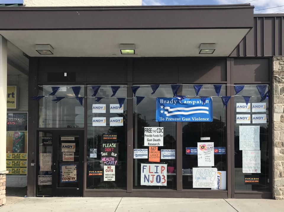Pro gun control messages dominate the storefront window of Kim’s campaign office in heavily Democratic Willingboro, N.J. (Photo: Andrew Romano/Yahoo News)