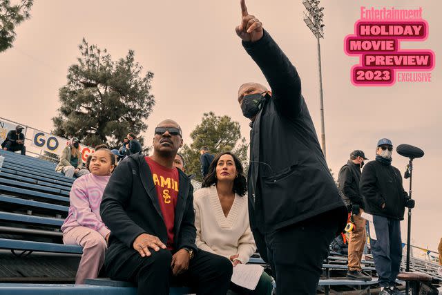 <p>CLAUDETTE BARIUS/ AMAZON</p> Eddie Murphy, Tracee Ellis Ross, and Reginald Hudlin on the set of 'Candy Cane Lane'