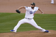 Los Angeles Dodgers starting pitcher Clayton Kershaw throws to the plate during the first inning of a baseball game against the Miami Marlins Friday, May 14, 2021, in Los Angeles. (AP Photo/Mark J. Terrill)