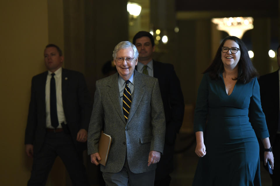 Senate Majority Leader Mitch McConnell of Ky., walks on Capitol Hill in Washington, Friday, Jan. 3, 2020. (AP Photo/Susan Walsh)