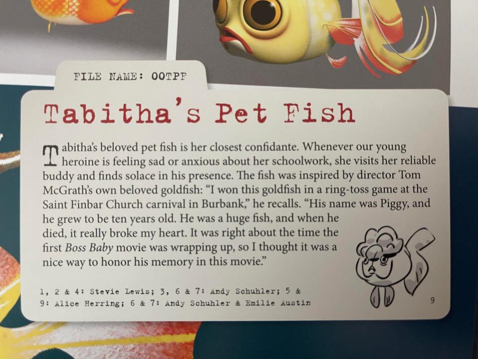 Page from a book telling the story of McGrath's goldfish he won at a carnival in Burbank and how he was brokenhearted when he died as the movie was wrapping up