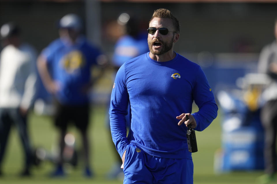 Los Angels Rams coach Sean McVay yells out instructions during the NFL football team's training camp Wednesday, July 26, 2023, in Irvine, Calif. (AP Photo/Marcio Jose Sanchez)