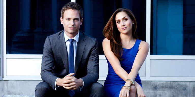 Patrick J Adams (pictured here with Meghan Markle) has arrived in London ahead of the royal wedding. Source: USA Network