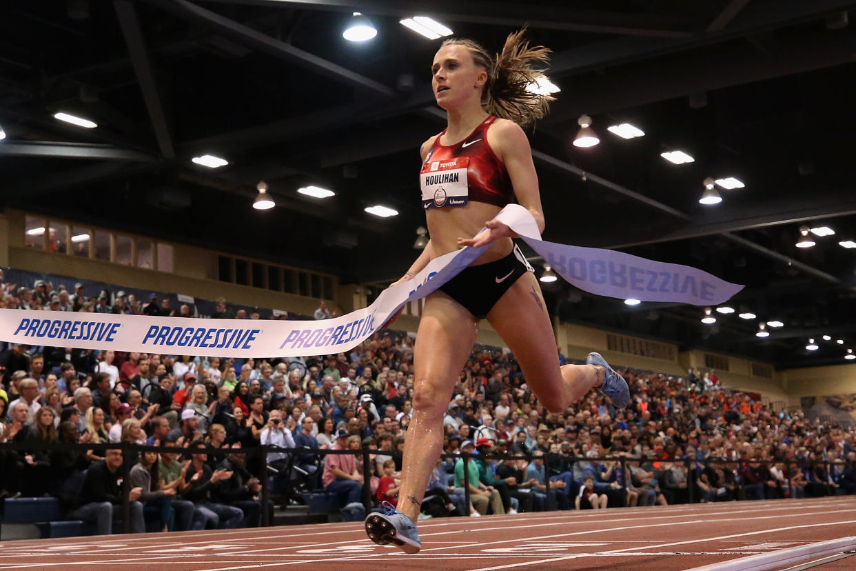 Shelby Houlihan crosses the finish line to win the Women's 1500 Meter final during the 2020 Toyota USATF Indoor Championships