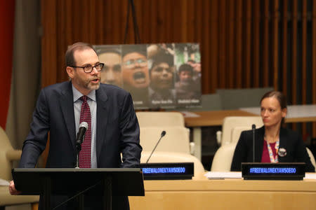 Reuters Editor-in-Chief Stephen Adler speaks during the Press Behind Bars: Undermining Justice and Democracy Justice event during the 73rd session of the United Nations General Assembly at U.N. headquarters in New York, U.S., September 28, 2018. REUTERS/Shannon Stapleton