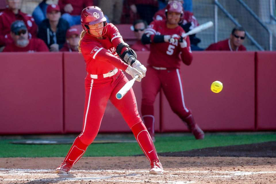 Oklahoma second baseman Tiare Jennings (23) hits a ground ball and is forced out at first base during an NCAA softball game between the University of Oklahoma (OU) and Miami University on opening day of Oklahoma softball stadium Love's Field in Norman, Okla., on Friday, March 1, 2024.