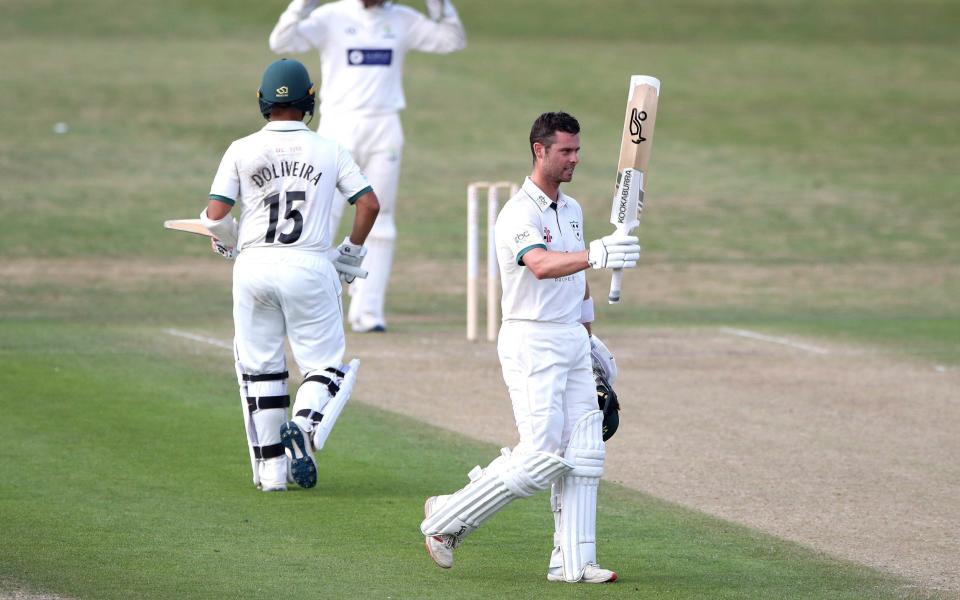 Worcestershire's Jake Libby celebrates his century during day one of The Bob Willis Trophy match  - PA