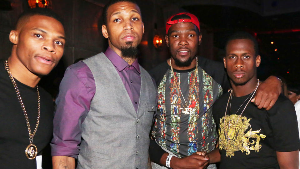 Russell Westbrook, Cliff Dixon, Kevin Durant and Geno Smith at Kevin Durant’s 25th Birthday Party in 2013. (Photo by Johnny Nunez/WireImage)