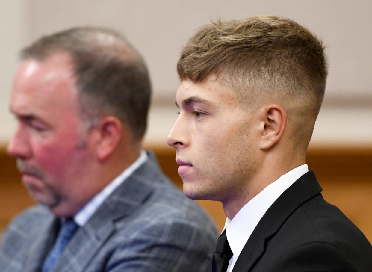 Blayze C. Patt, right, appears with defense attorney Eugene O’Byrne before Judge Natalie R. Haupt in Stark County Common Pleas Court on Monday. Patt was sentenced for causing an ATV crash that killed his friend Zachary D. Reed on July 17, 2022.