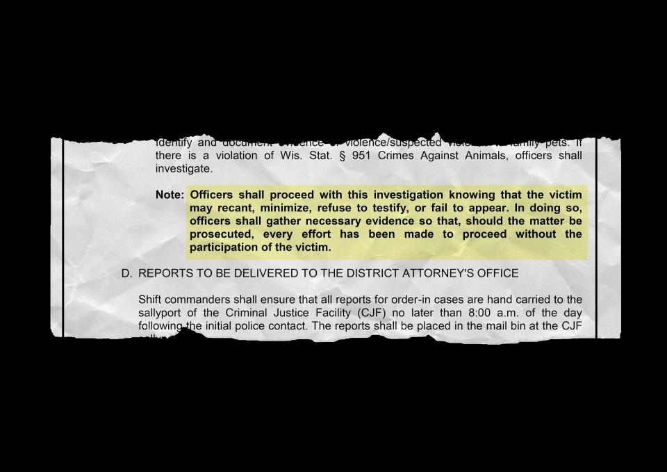A highlighted section of the Milwaukee Police Department's 19-page policy on how officers are supposed to investigate domestic violence.
