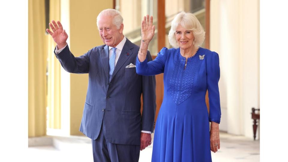 Charles and Camilla waving during Japan state visit