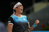 Ons Jabeur reacts during a women's final against Jessica Pegula, at the Mutua Madrid Open tennis tournament in Madrid, Spain, Saturday, May 7, 2022. (AP Photo/Manu Fernandez)