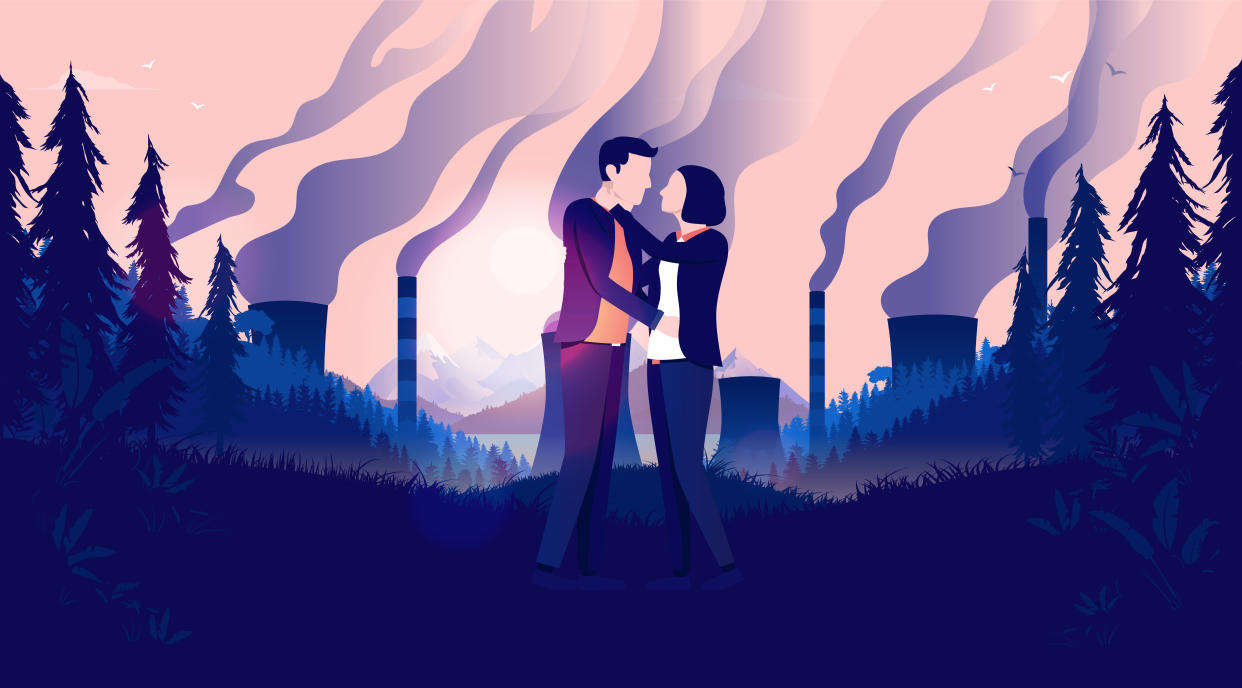 Two people in a relationship standing in nature with factories polluting the atmosphere. Climate change, hope for a better tomorrow and future concept. Vector.