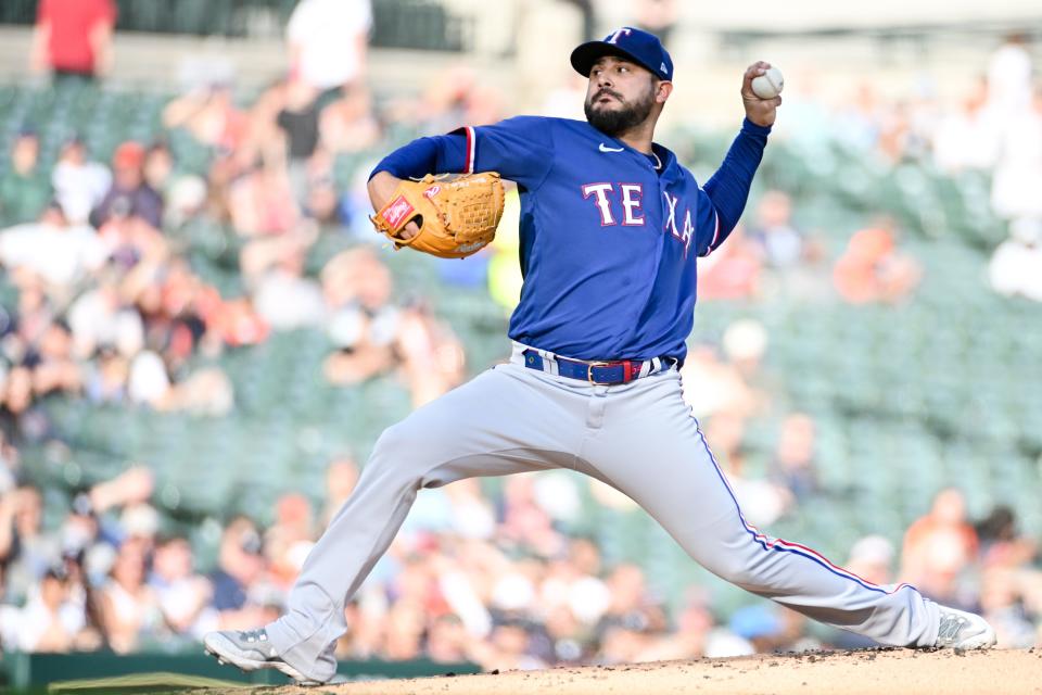 Texas Rangers starting pitcher Martin Perez (54) pitches the ball during the first inning against the Detroit Tigers at Comerica Park in Detroit on Tuesday, May 30, 2023.