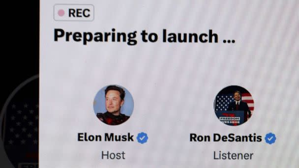 PHOTO: In this photo illustration, Florida Gov. Ron DeSantis joins Elon Musk on Twitter Spaces to formally announce his run for the Republican nomination for president to, May 24, 2023 in Chicago. (Scott Olson/Getty Images)