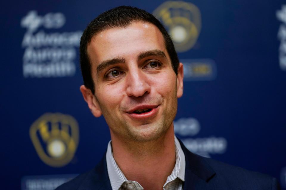 Milwaukee Brewers President of Baseball Operations David Stearns talks about stepping down from that role at a news conference Thursday, Oct. 27, 2022, in Milwaukee.