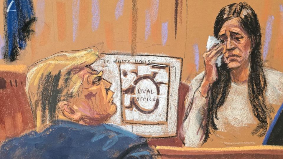 PHOTO: Former President Donald Trump watches as Former Director of Oval Office Operations Madeleine Westerhout testifies during his criminal trial in Manhattan state court in New York City, May 9, 2024, in this courtroom sketch. REUTERS/Jane Rosenberg (Jane Rosenberg/Reuters)