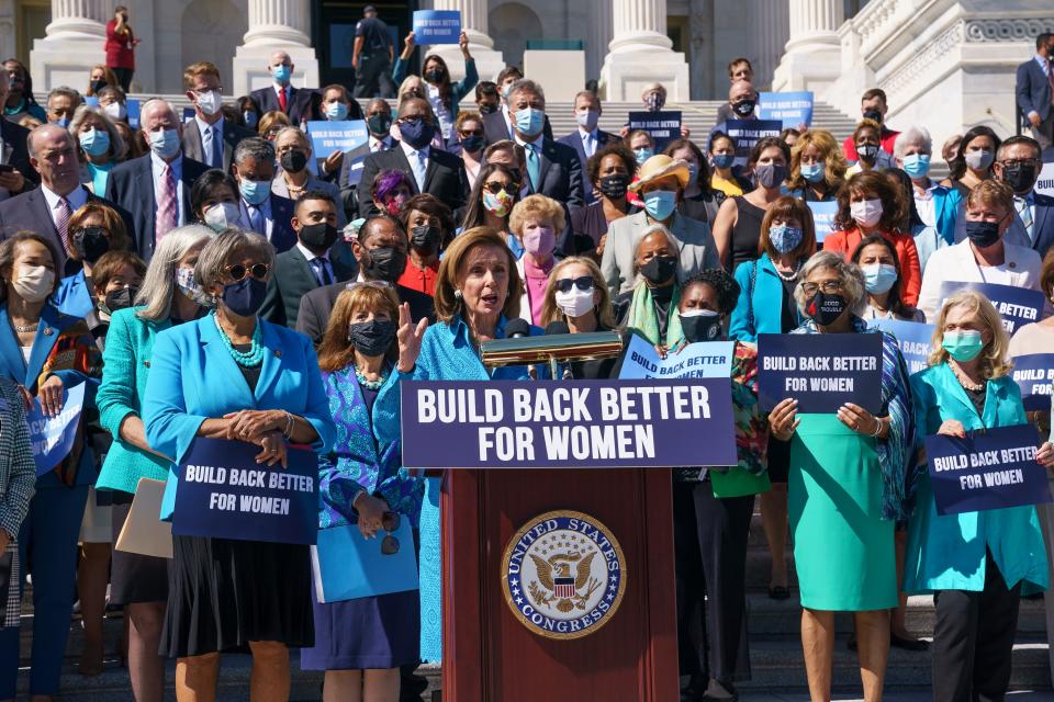 House Speaker Nancy Pelosi, D-Calif., holds a rally in support of President Joe Biden's "Build Back Better" for women agenda, at the Capitol in Washington, on Sept. 24, 2021.