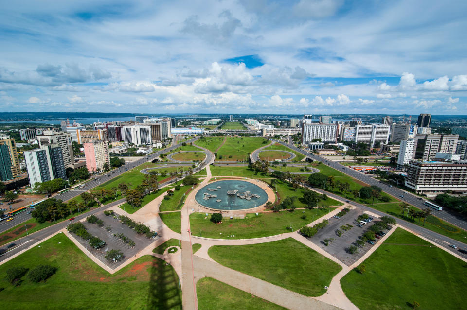 An aerial view of Brasilia from the a television tower overlooking the city shows the work of landscape architect Roberto Burle Marx.