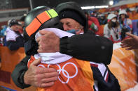 <p>France’s Perrine Laffont is congratulated after the women’s moguls final event during the Pyeongchang 2018 Winter Olympic Games at the Phoenix Park in Pyeongchang on February 11, 2018. / AFP PHOTO / LOIC VENANCE </p>