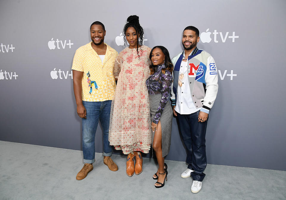 (L-R) Luke Tennie, Jessica Williams, Imani Hakim and Kola Bokinni attend Apple TV+ In Conversation With Essence at Goya Studios on May 02, 2023 in Los Angeles, California.