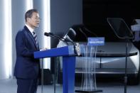 South Korean President Moon Jae-in delivers his speech during a ceremony declaring country's vision to lead future mobility tech at Hyundai Motor's Namyang R&D Center in Hwaseong