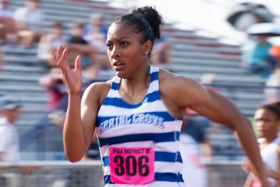 Spring Grove's Laila Campbell competes in the 3A 100-meter dash semifinals at the PIAA District 3 Track and Field Championships on Friday, May 20, 2022, at Shippensburg University. With her 11.61 finish, Campbell broke a 31-year-old District 3 record.