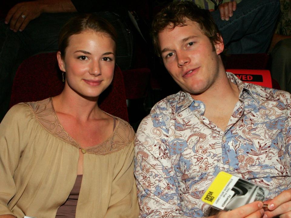 Chris Pratt and Emily VanCamp posing inside a theater in June 2006.