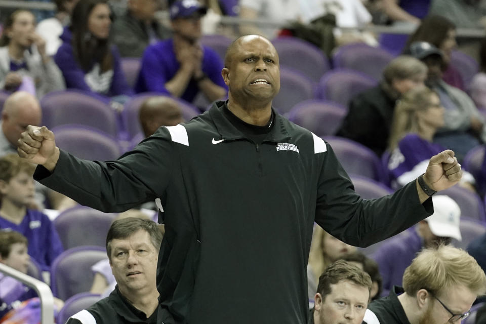Central Arkansas head coach Anthony Boone watches from the sidelines during the first half of an NCAA college basketball game against TCU in Fort Worth, Texas, Wednesday, Dec. 28, 2022. (AP Photo/LM Otero)