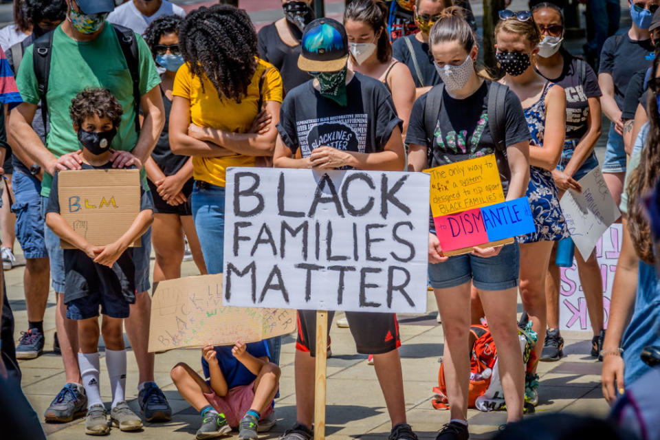 Families rally in Brooklyn June 2020, demanding that ACS be defunded. (Erik McGregor/Getty Images)