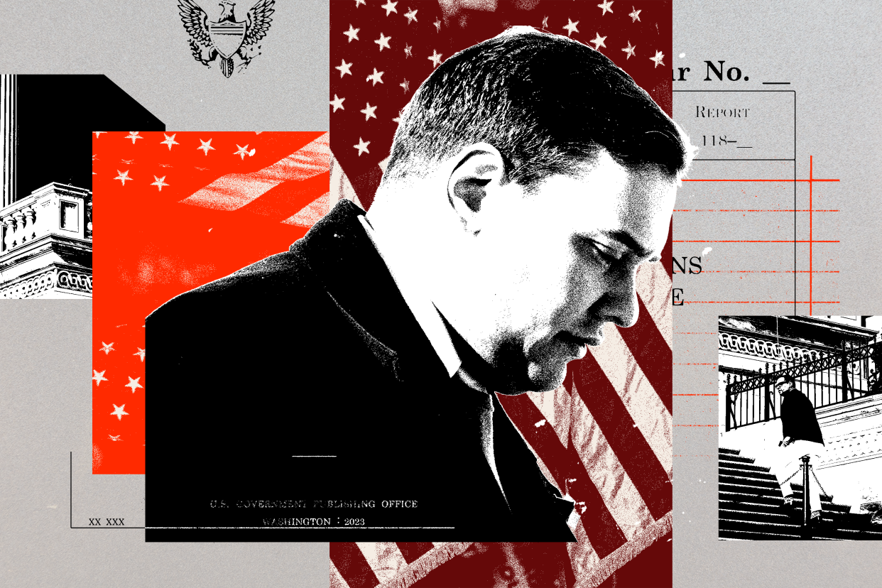 Photo-illustration showing images of Rep. George Santos,  Congress and the U.S. flag.