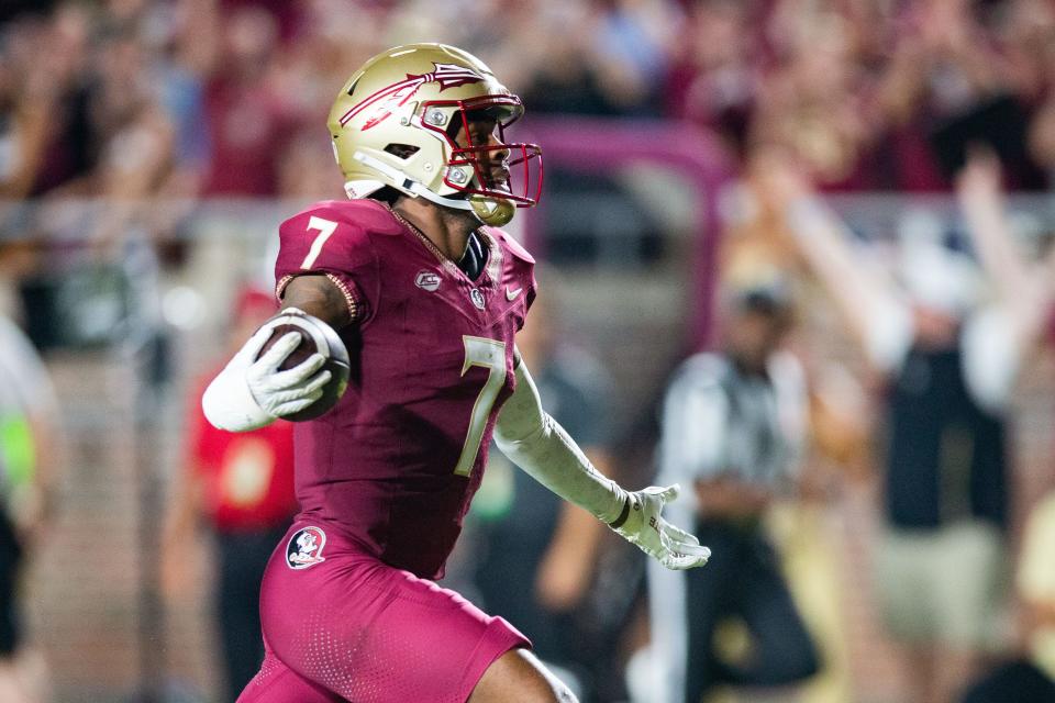 Florida State Seminoles defensive back Jarrian Jones (7) celebrates a pick six. The Florida State Seminoles defeated the Southern Miss Golden Eagles on Saturday, Sept. 9, 2023.